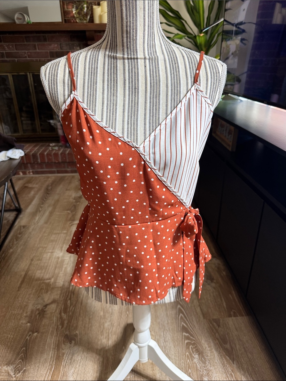 Paper Crane Rust & White Polka Dot and Stripe Wrap Cami